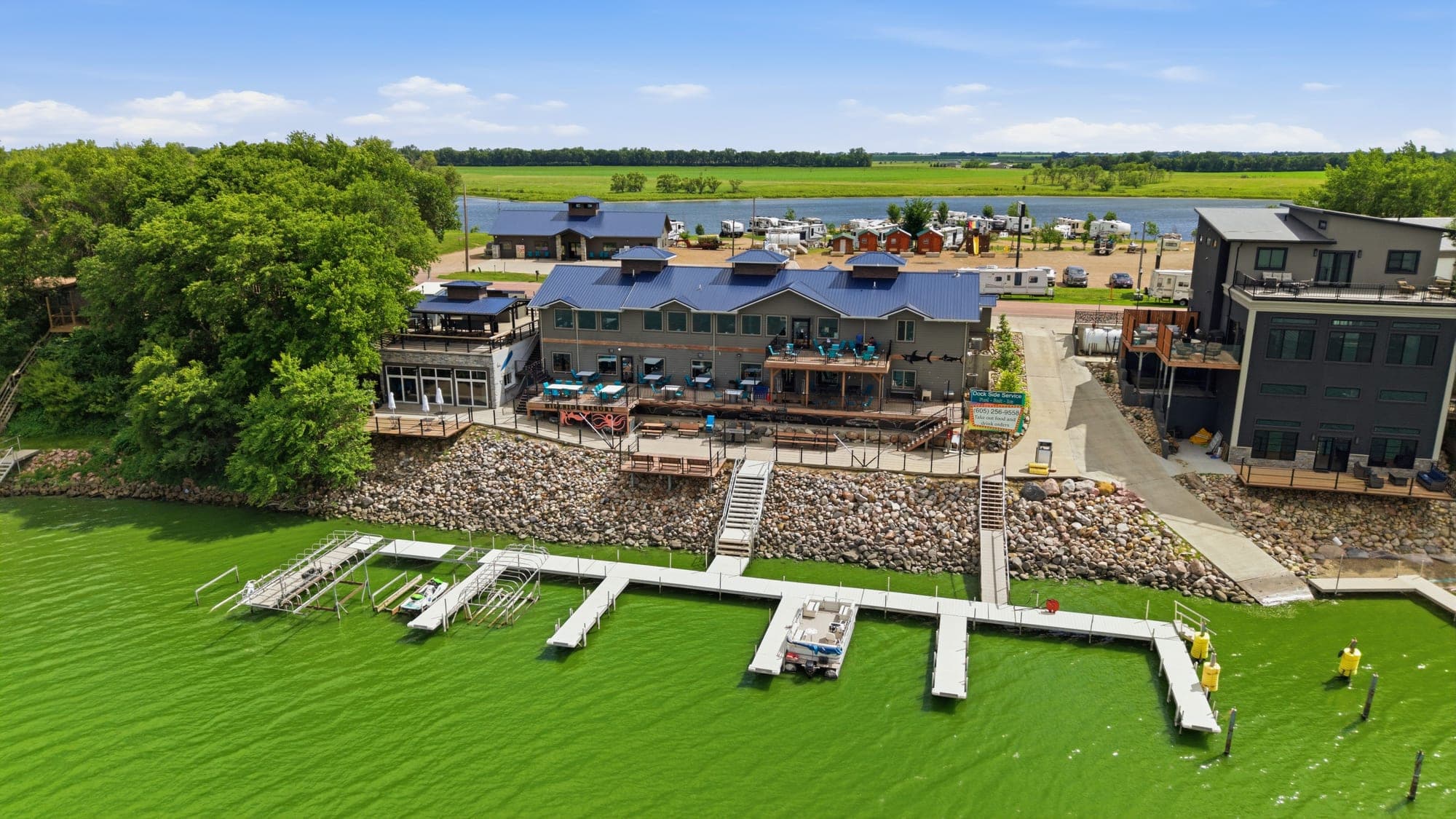 Aerial view of the marina and dock at The Hillside Resort