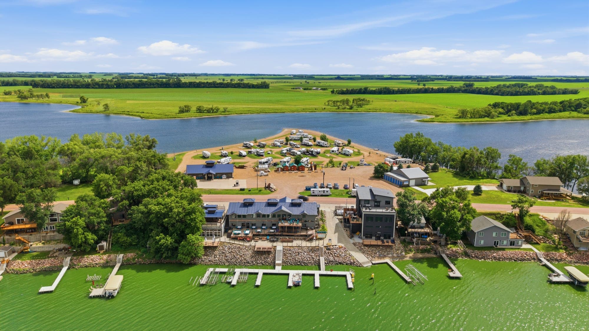 Aerial view of The Hillside Resort grounds and lawn games