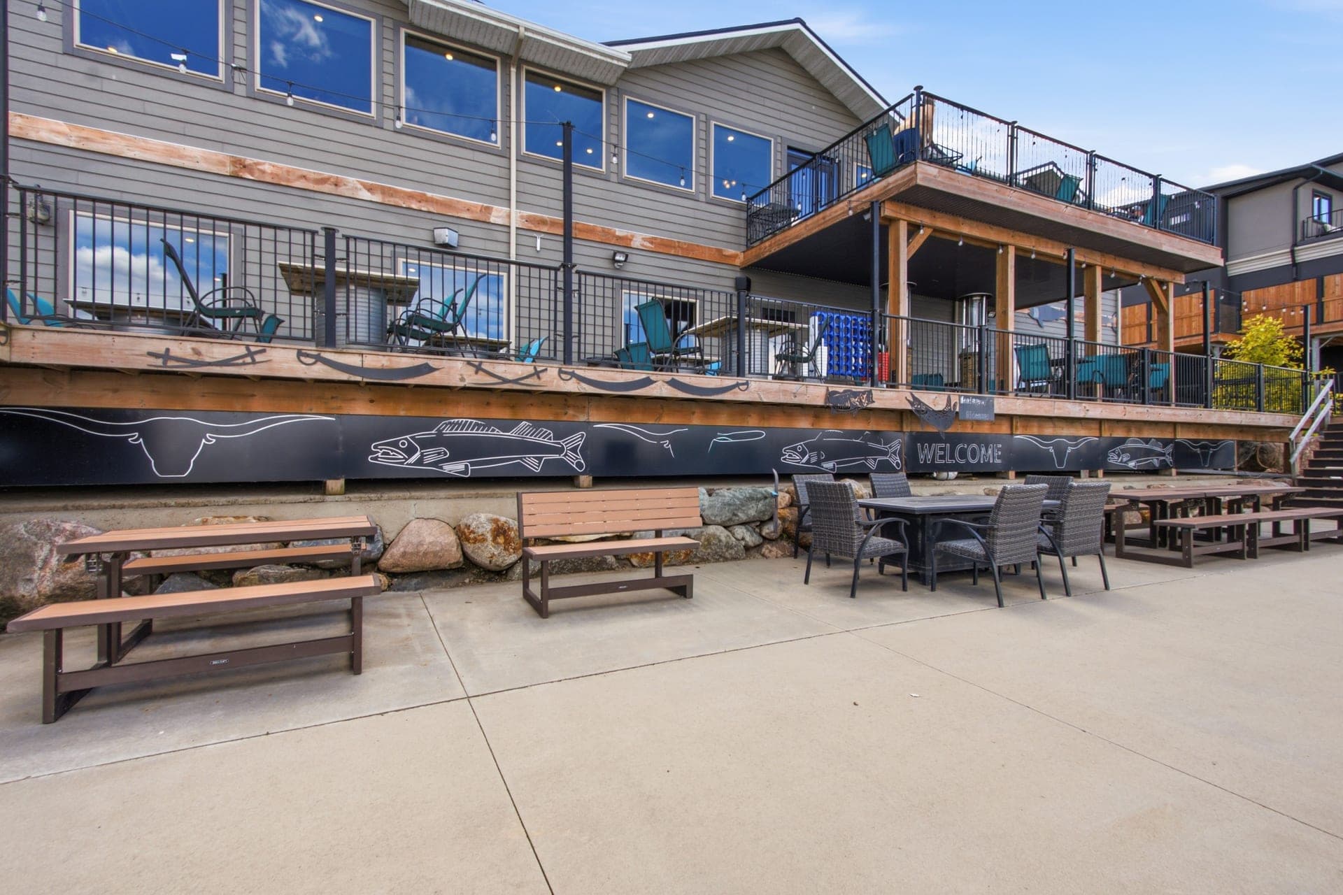 The deck and outdoor music space in the evening